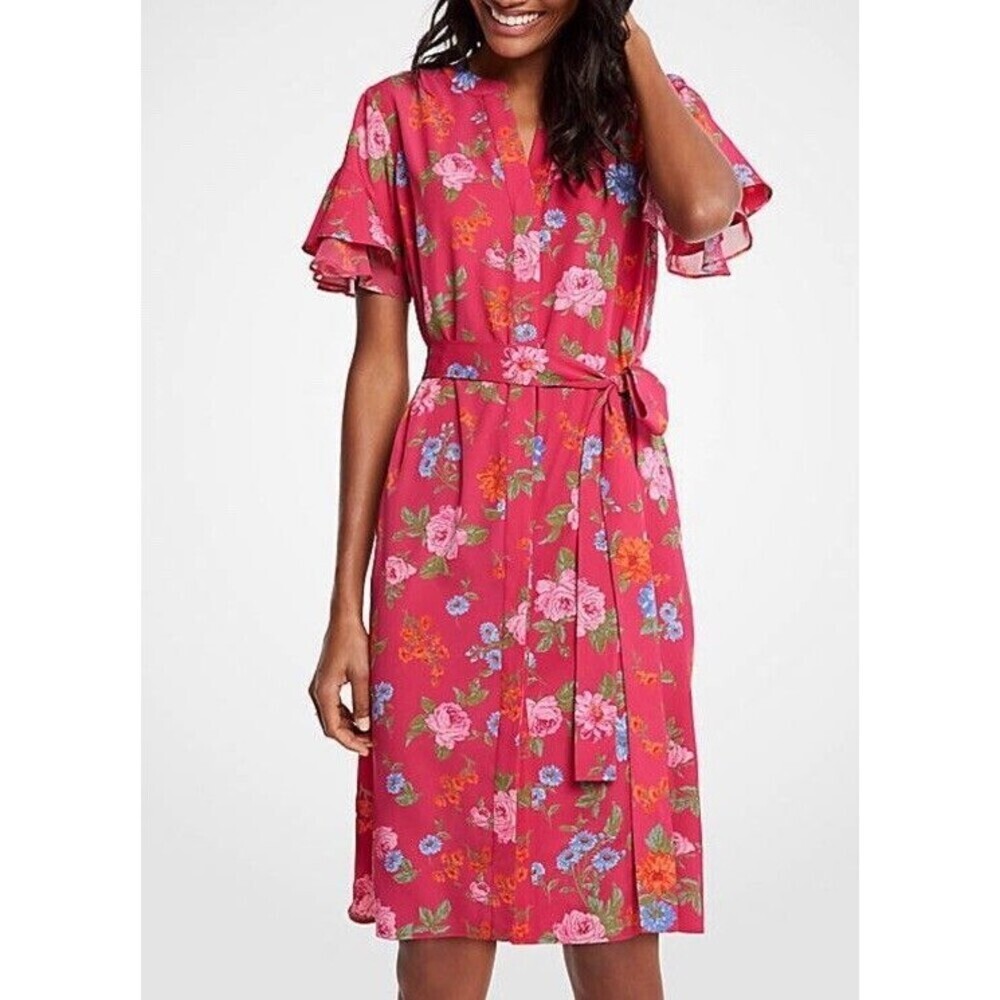 Ann Taylor Baja Rose Island Floral Flutter Sleeve Shirtdress Extra Small